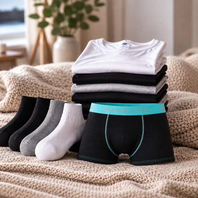Strumpor, T-shirts och underkläder i svart, grått och vitt
