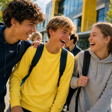 Tre skolungdomar med ryggsäckar skrattar tillsammans utanför skolan