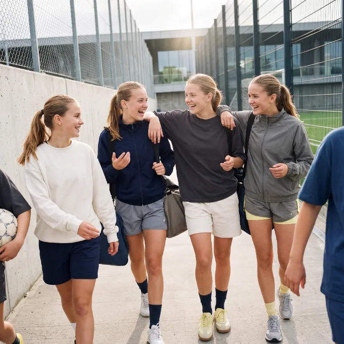 Ungdomar i ett lag går tillsammans från träningen, en av dem med en fotboll under armen