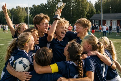 Fotbollslag jublar med en pokal på planen