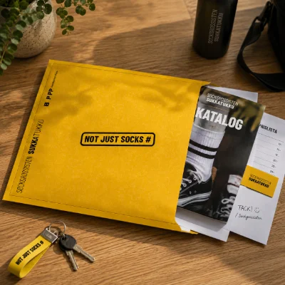 Gult kuvert med Sockgrossistens katalog och säljmaterial på ett träbord