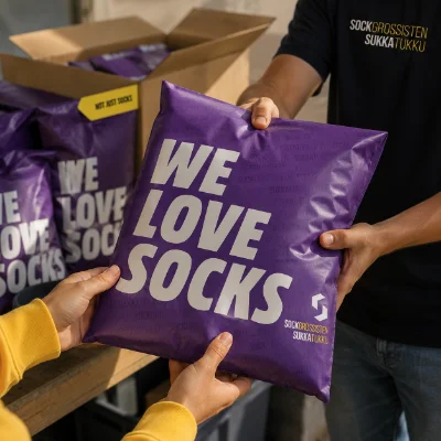 Lila paket med texten We Love Socks lämnas ut ur en kartong